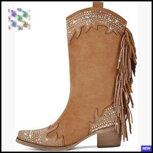 Western Boots Studded Fringe Cowgirl Mid Calf Block Heel Square Toe